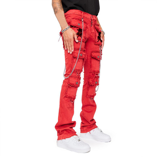 Jeans desgastados cargo rojos personalizados DiZNEW | Proveedores mayoristas de moda vaquera