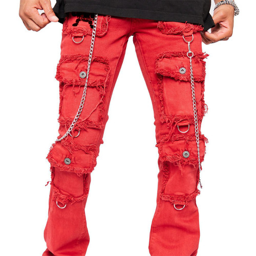 Custom Red Cargo Distressed Jeans | Wholesale Denim Fashion Suppliers DiZNEW