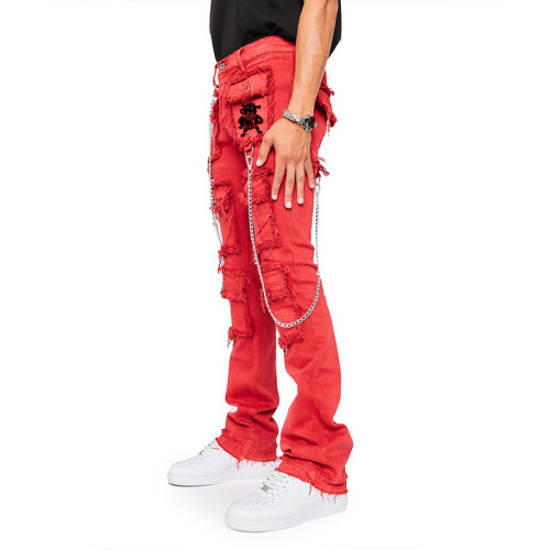 DiZNEW Custom Red Cargo Distressed Jeans | Wholesale Denim Fashion Suppliers