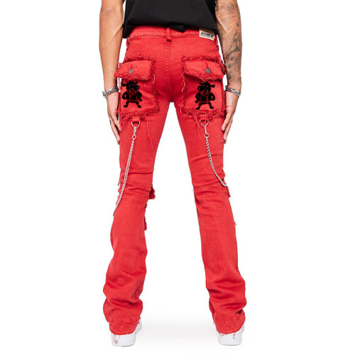 DiZNEW Custom Red Cargo Distressed Jeans | Wholesale Denim Fashion Suppliers