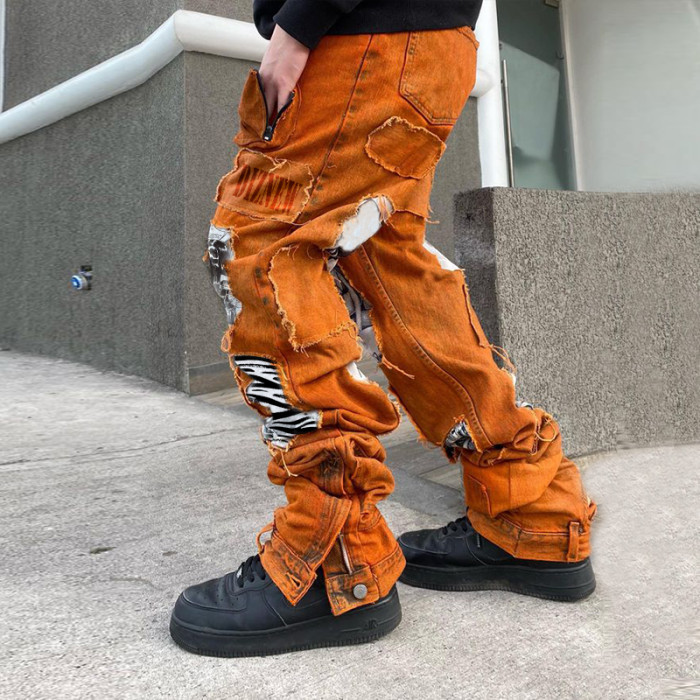 Wholesale Patchwork Orange Washed Stacked Jeans - Premier Denim Manufacturer | DiZNEW