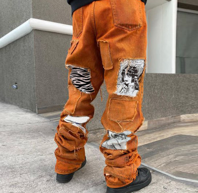 Wholesale Patchwork Orange Washed Stacked Jeans - Premier Denim | DiZNEW