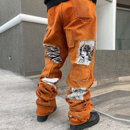 Patchwork-Jeans in Orange mit verwaschenem Stacked-Muster im Großhandel – führender Denim-Hersteller | DiZNEW