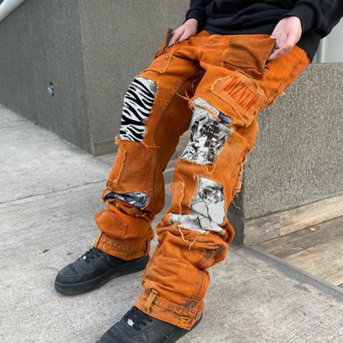 Wholesale Patchwork Orange Washed Stacked Jeans - Premier Denim Manufacturer | DiZNEW