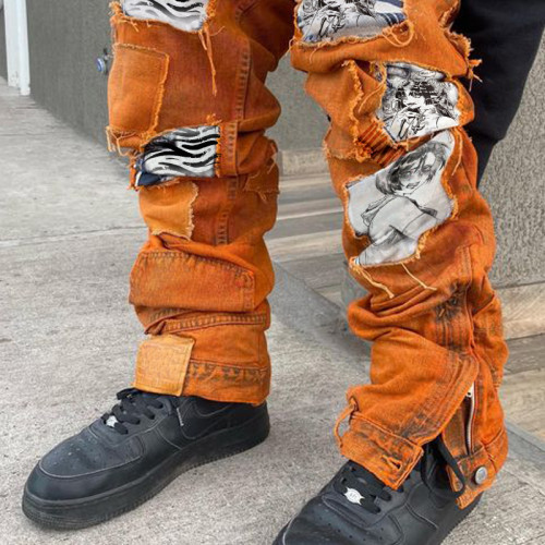 Patchwork-Jeans in Orange mit verwaschenem Stacked-Muster im Großhandel – führender Denim-Hersteller | DiZNEW