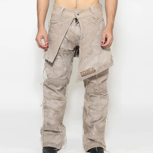 Bespoke Beige Textured Layered Jeans - High-End Denim Manufacturer | DiZNEW