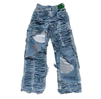 Jean patchwork en coton vieilli personnalisé - Denim artistique haut de gamme | DiZNEW