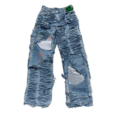 Custom Distressed Cotton Patchwork Jeans - High-End Artistic Denim | DiZNEW