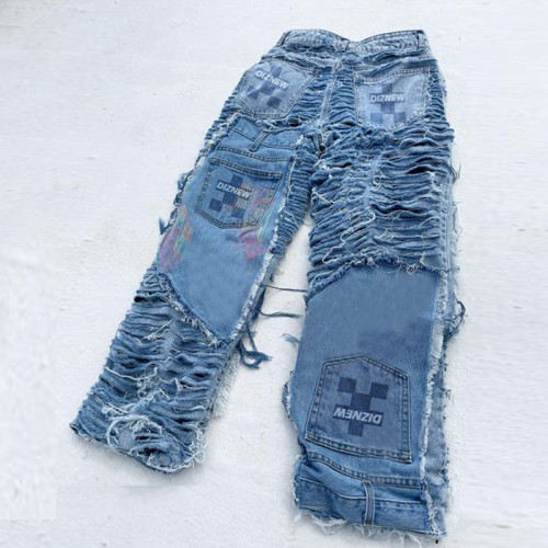 Custom Distressed Cotton Patchwork Jeans - High-End Artistic Denim | DiZNEW