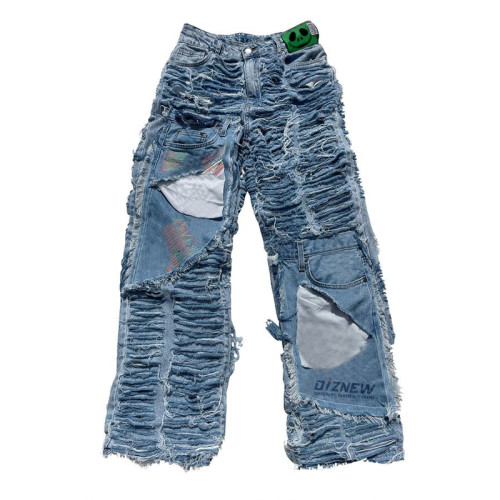 Individuelle Distressed-Patchwork-Jeans aus Baumwolle – Hochwertiger künstlerischer Denim | DiZNEW