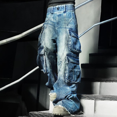 Custom Wide-Leg Multi-Pocket Flared Jeans - Avant-Garde Denim Fashion | DiZNEW