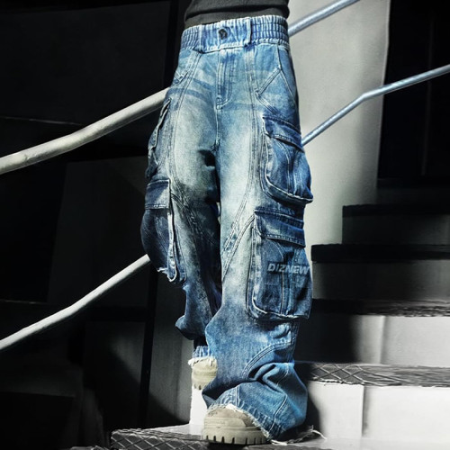 Custom Wide-Leg Multi-Pocket Flared Jeans - Avant-Garde Denim Fashion | DiZNEW