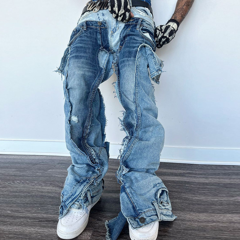 Custom Patchwork Flared Cargo Jeans