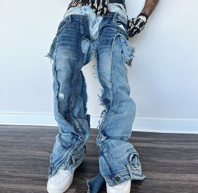 Buy Custom Patchwork Flared Cargo Jeans - Unique Distressed Denim | DiZNEW
