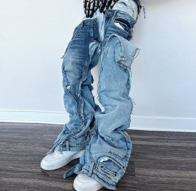 Buy Custom Patchwork Flared Cargo Jeans - Unique Distressed Denim | DiZNEW