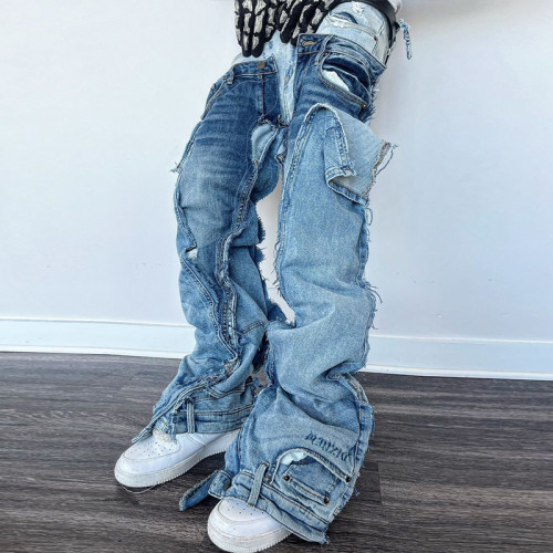 Buy Custom Patchwork Flared Cargo Jeans - Unique Distressed Denim | DiZNEW