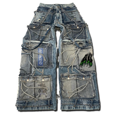 Purchase Custom Multi-Pocket Patchwork Jeans - Unique Distressed Denim | DiZNEW