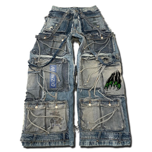 Achetez un jean patchwork multi-poches personnalisé - Denim vieilli unique | DiZNEW