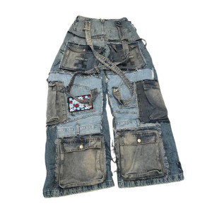 Purchase Custom Multi-Pocket Patchwork Jeans - Unique Distressed Denim | DiZNEW