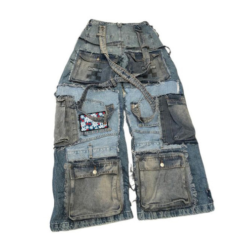 Kaufen Sie individuell gestaltete Patchwork-Jeans mit mehreren Taschen – einzigartiger Distressed-Denim | DiZNEW