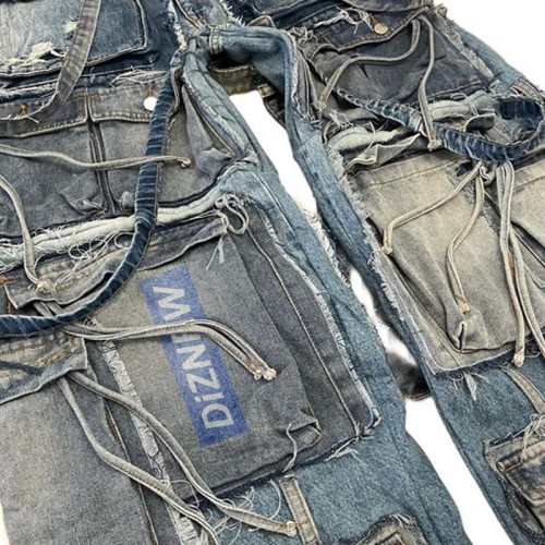 Compra jeans de patchwork con múltiples bolsillos personalizados: jeans desgastados únicos | DiZNEW