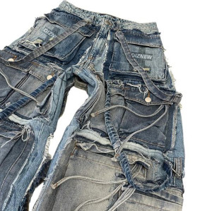 Purchase Custom Multi-Pocket Patchwork Jeans - Unique Distressed Denim | DiZNEW