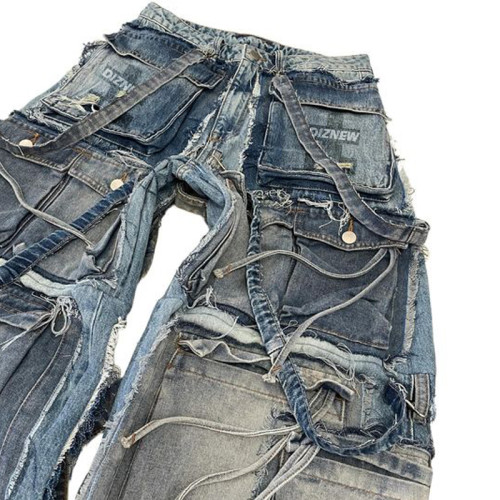 Achetez un jean patchwork multi-poches personnalisé - Denim vieilli unique | DiZNEW