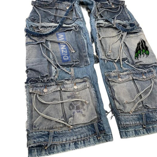 Purchase Custom Multi-Pocket Patchwork Jeans - Unique Distressed Denim | DiZNEW