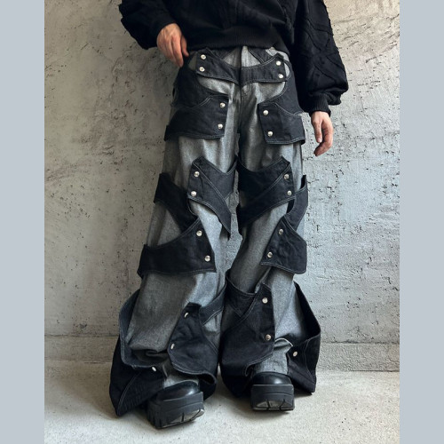 Maßgeschneiderte Avantgarde-Patchwork-Jeans in Schwarz und Grau mit Druckknöpfen - DiZNEW Denim