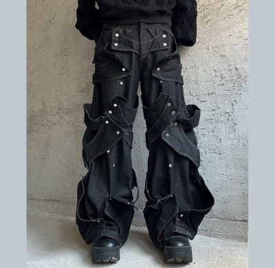 Bespoke Avant-Garde Black & Grey Patchwork Jeans with Snap Buttons - DiZNEW Denim