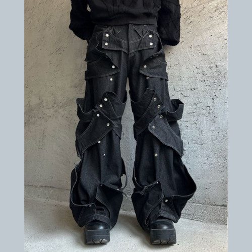 Maßgeschneiderte Avantgarde-Patchwork-Jeans in Schwarz und Grau mit Druckknöpfen - DiZNEW Denim