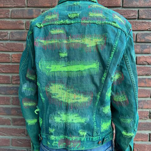 Green Vintage Patched Denim Jacket - Customizable Distressed Outerwear by DiZNEW