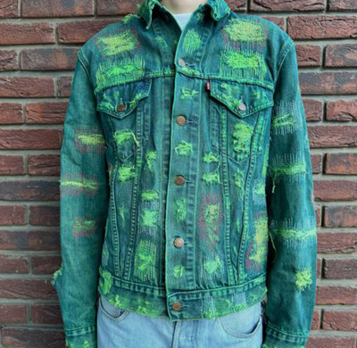 Green Vintage Patched Denim Jacket - Customizable Distressed Outerwear by DiZNEW