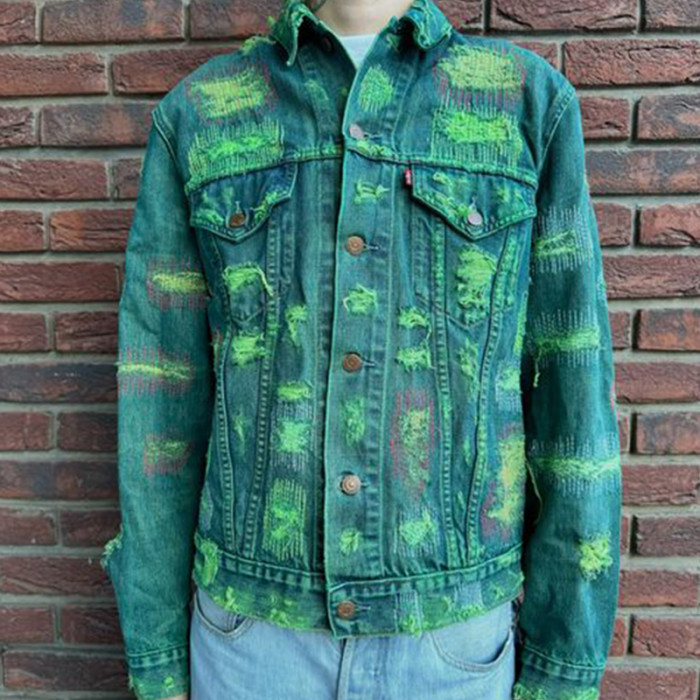 Green Vintage Patched Denim Jacket - Customizable Distressed Outerwear by DiZNEW