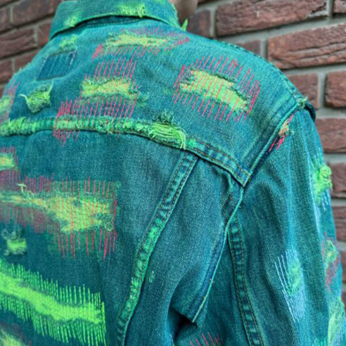 Green Vintage Patched Denim Jacket - Customizable Distressed Outerwear by DiZNEW