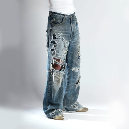 Distressed-Jeans mit weitem Bein – Hochwertiger, handgefertigter Urban-Style | DiZNEW