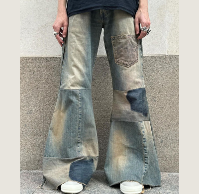 Vintage Patchwork Flare Jeans - Handcrafted Distressed Urban Style | DiZNEW