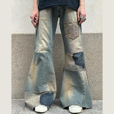 Vintage Patchwork Flare Jeans - Handcrafted Distressed Urban Style | DiZNEW