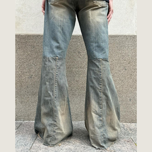 Vintage Patchwork Flare Jeans - Handcrafted Distressed Urban Style | DiZNEW