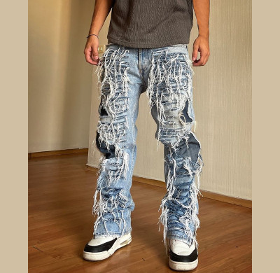 Men's Distressed Patchwork Denim Jeans - Rugged Streetwear Style | DiZNEW