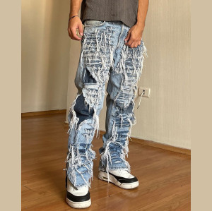 Men's Distressed Patchwork Denim Jeans - Rugged Streetwear Style | DiZNEW