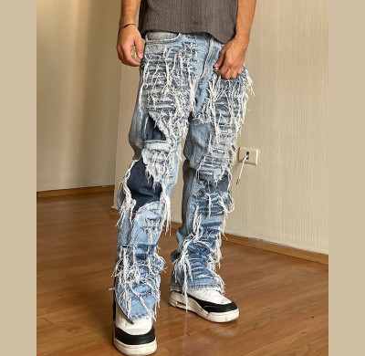 Men's Distressed Patchwork Denim Jeans - Rugged Streetwear Style | DiZNEW