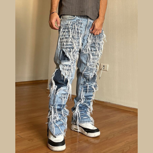 Men's Distressed Patchwork Denim Jeans - Rugged Streetwear Style | DiZNEW