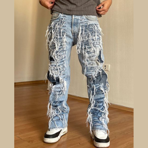 Men's Distressed Patchwork Denim Jeans - Rugged Streetwear Style | DiZNEW