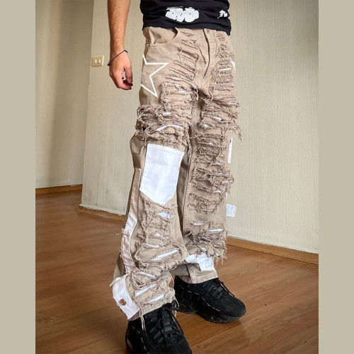 Pantalones vaqueros desgastados con parches para hombre: estilo urbano resistente | DiZNEW