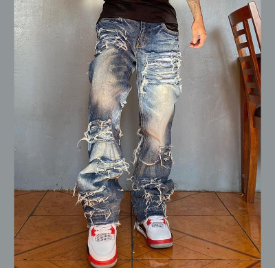 Distressed Stacked Denim Jeans with Frayed Detailing - Custom Fit | DiZNEW