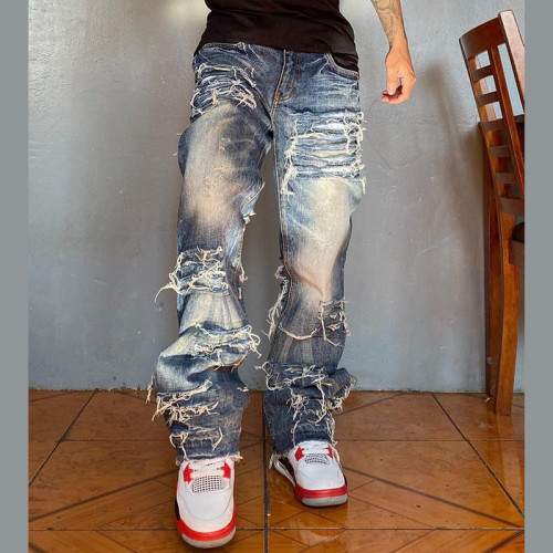 Distressed Stacked Denim Jeans with Frayed Detailing - Custom Fit | DiZNEW