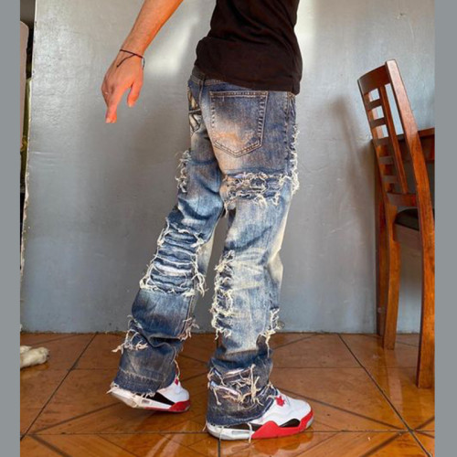 Distressed Stacked Denim Jeans with Frayed Detailing - Custom Fit | DiZNEW