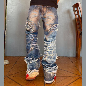 Distressed Stacked Denim Jeans with Frayed Detailing - Custom Fit | DiZNEW