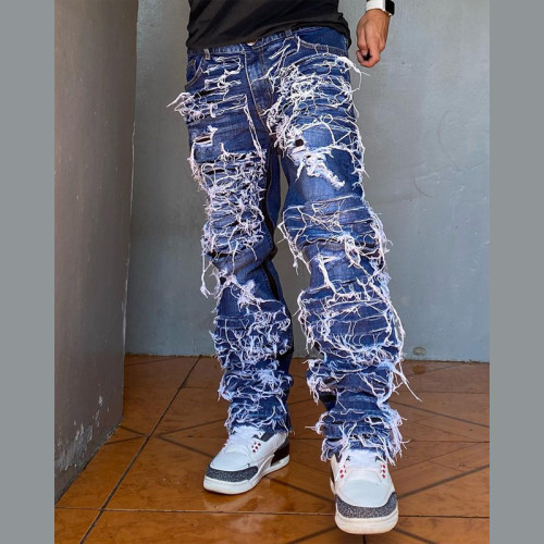 Shredded Black Denim Jeans with White Yarn Detailing - Distressed Streetwear for Men